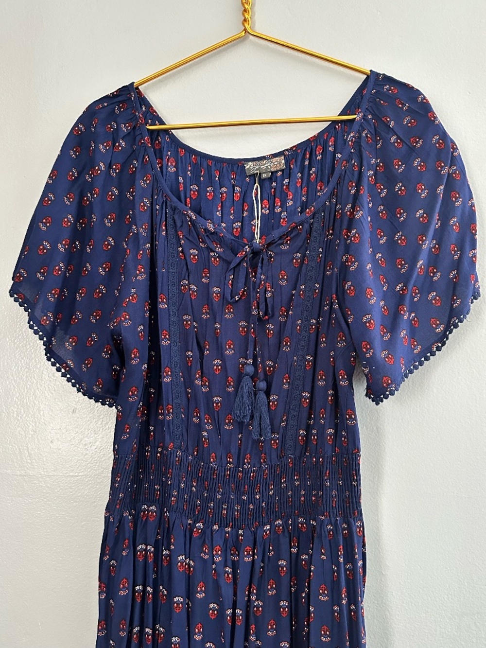 J. Glee Navy Blue, Red and White Floral Print Smocked Waist with Bowtie Tassels